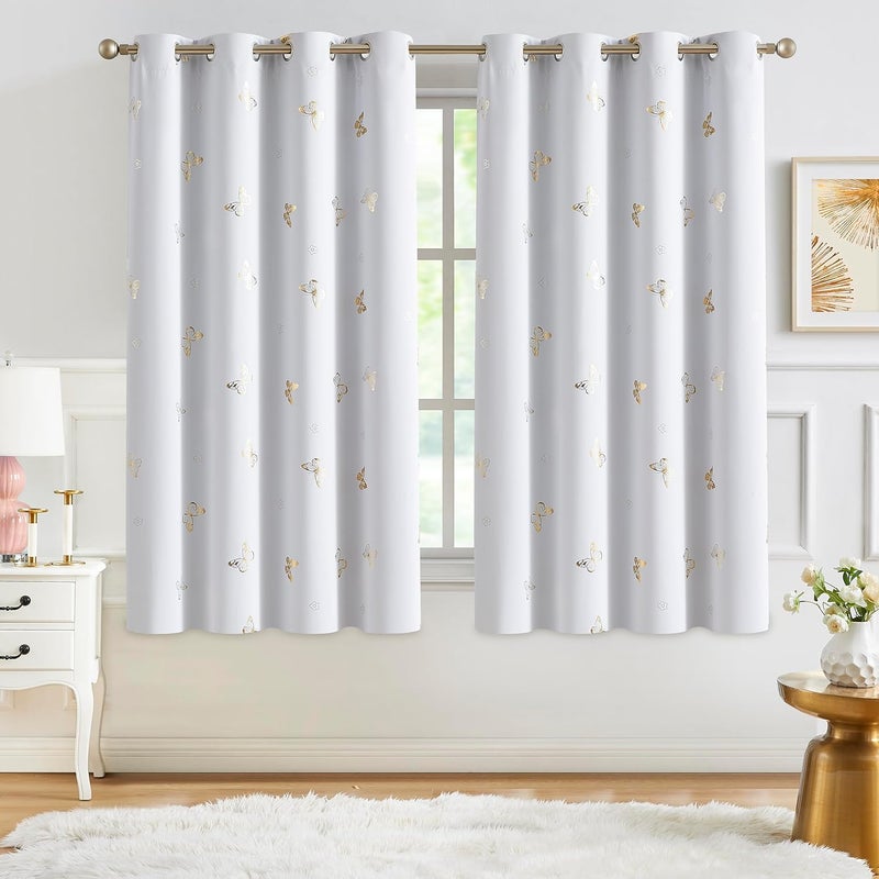 Jubilantex Metallic Butterfly Blackout Curtains 54" Long for Small Window Greyish White and Gold Print Butterfly Curtains Energy Saving Grommet Top for Bedroom Girls Room,52 W - Image 1